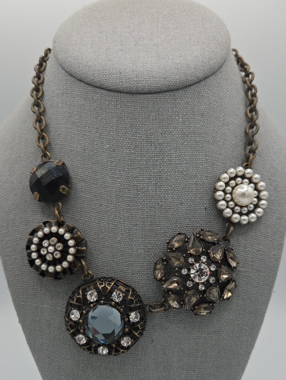 5 for $25! Lia Sophia Pearl and Smoke Crystal Floral Medallion Necklace